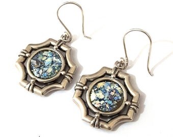 925 Sterling Silver Roman Glass Earrings