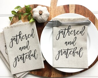 Napkins - Thanksgiving Napkins Linen Napkins Gathered Napkins Grateful Napkins Dinner Napkins Cloth Napkins Autumn Tablescape Fall Tabletop