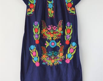 1970s Mexican Dress Embroidered Flowers on Dark Navy Blue Cotton Boho Dress Hand Embroidery Size Small