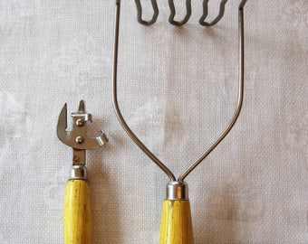 Vintage Kitchen Utensils ~ Yellow and Green Wood Handles ~ Can Opener Masher Ekco A&J
