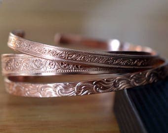 Copper Cuff Bracelets Set of 3, Floral Patterned Pure Copper Jewelry, Hippie Boho Adjustable Bangle Set