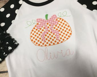 Girls halloween shirt, pumpkin shirt, fall shirt, appliqué pumpkin top, girls ruffle raglan