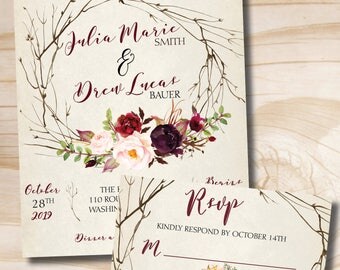 Rustic Wedding Invitation Response Card Invitation Suite, Watercolor Floral, Bohemian Wedding, Woodland Wedding - Invitation - Response