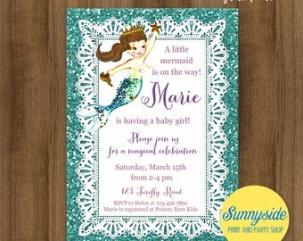 Mermaid Baby Shower Invitation // Printable or Printed invites with faux glitter // baby girl // blonde or brunette mermaid // ocean, sea
