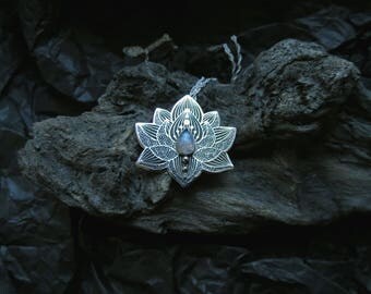Lotus Pendant - Water Lily Necklace - Silver Flower Necklace - Moonstone Necklace - Heart Chakra Necklace