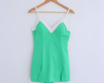 1970s Green Sherbet Swimsuit Skirted Full Piece Sand Castle Build In Bra Womens Vintage Medium