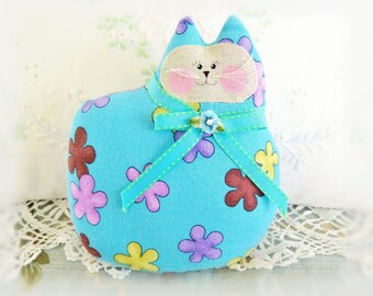 Cat Pillow Doll, Cloth Doll 7 inch, Bright Contemporary Aqua, Primitive Soft Sculpture Handmade CharlotteStyle Decorative Folk Art