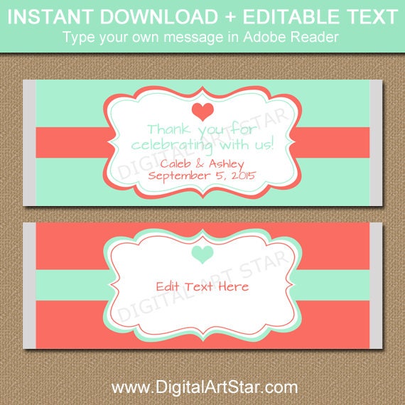 Mint Green and Coral Chocolate Wrappers Printable Bridal