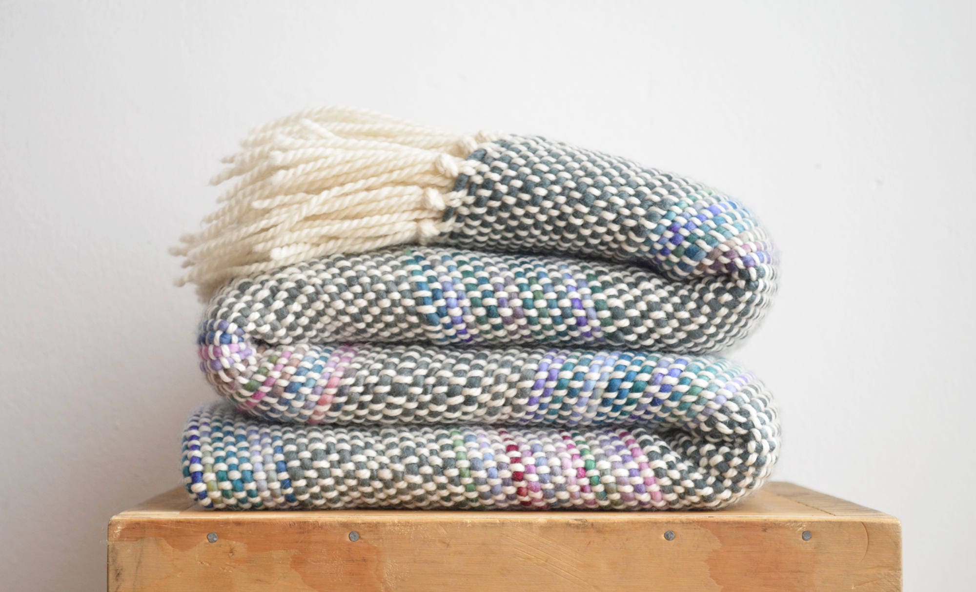 Wool Blanket Woven Merino Multicolor Handmade Chunky Blanket