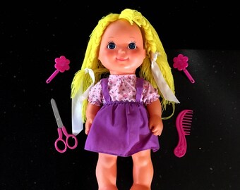 Vintage Pretty CUT & GROW Doll With Accessories And Original Box / 1980 Gabriel Toy / Blonde Poseable Girl Doll With Floral Dress