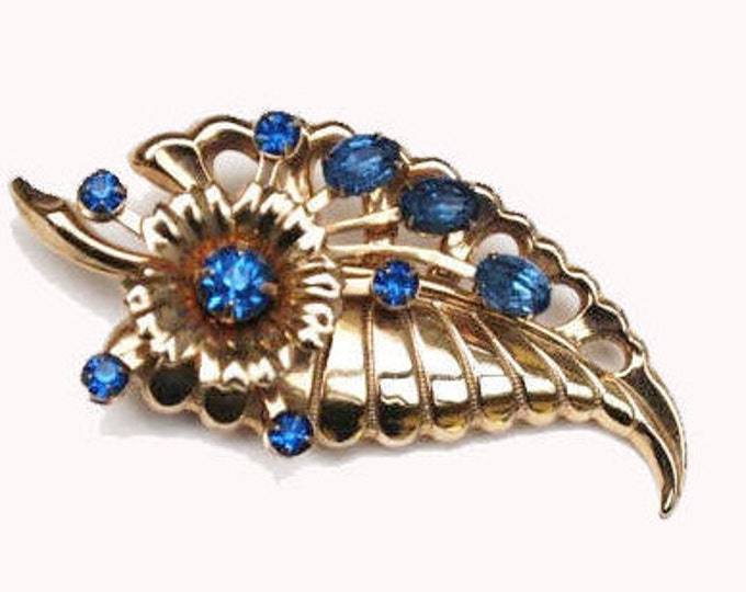 Blue Rhinestone Flower Brooch gold pin