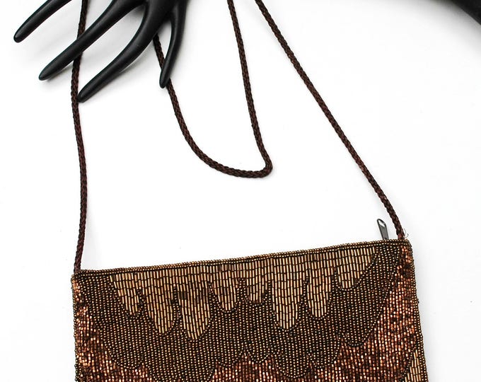 Brown Carla Marchi Beaded Evening Bag - Brass Clutch purse - Seguence