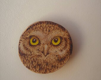 Pyrography - Woodburning - Natural Wood Round - Fridge Magnet - Boobook Owl