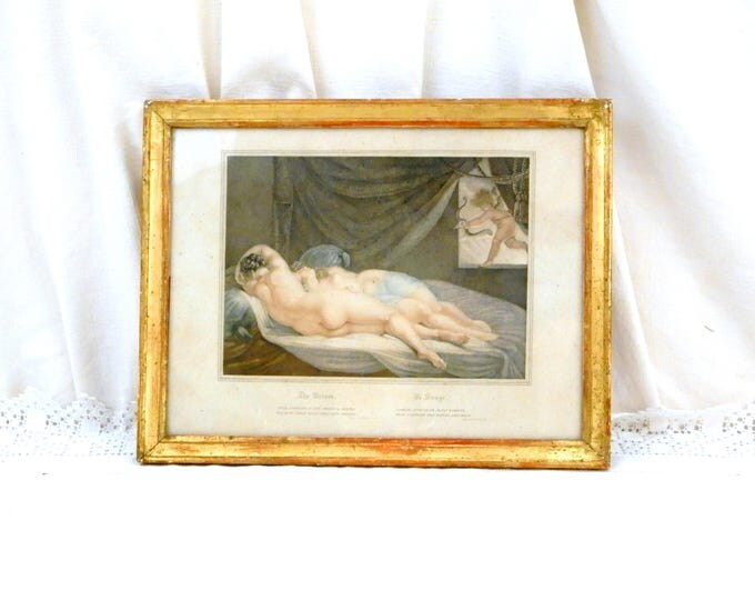 Antique Early 19th Century Framed Engraving The Dream with 2 Women Sleeping and a Cherubim, 1820s French Engraving, Erotic Etching