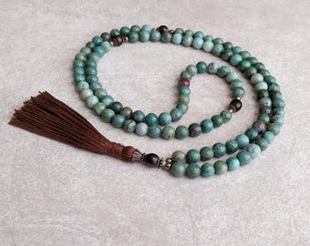 Mala Necklace - African Jade with Ebony Wood - Meditation Prayer Beads - Healing Gift - Item # 983