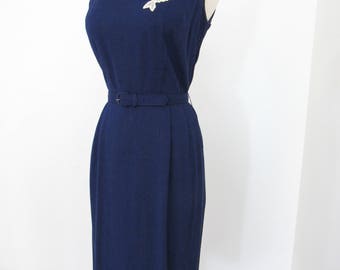 1950s Navy Blue Linen Wiggle Dress with Appliqués, Matching Short-sleeved Jacket & Belt