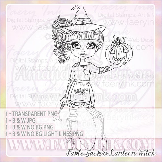 Cute Jack-o-Lantern Witch UNCOLORED Digital Stamp Coloring