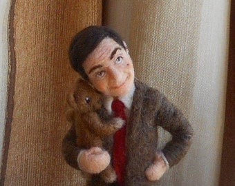 Felt partners Needle felted figurine Mr Bean Bear OOAK Caricature doll Home decoration Ready to ship