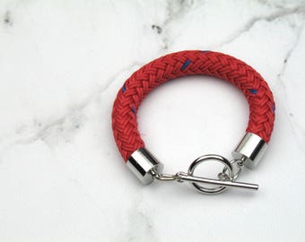 Nautical Rope Bracelet in Red and Blue Boating Cord with Silver Accents