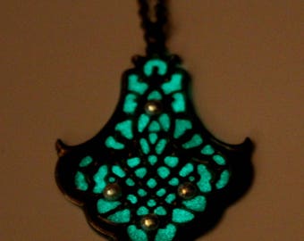 Green Glow in the Dark Antique Brass Filigree Shield Pendant
