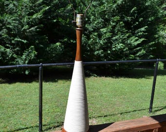 Vintage Mid Century Table Lamp Ceramic Teak Ribbed Modern Scandinavian Danish Eames Era MCM Lighting Panchosporch