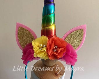 Rainbow unicorn headband, Unicorn birthday party headband, Rainbow Unicorn ears headband