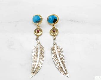 18k & SS Designer Boho Turquoise Garnet Earrings Gold and Sterling Silver Donald Pywell