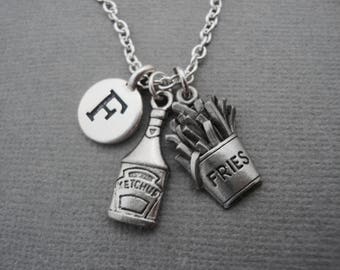 Ketchup and Fries Necklace, Ketchup Bottle and French Fries Keychain, Ketchup and Fries Bangle Bracelet, Initial Necklace, Food Condiments