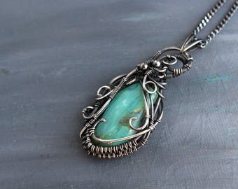 Silver pendant Peruvian Opal Pendant Birthstone gift Opal Necklace Opal Wedding gift bride anniversary gifts wife gift Wire wrapped pendant
