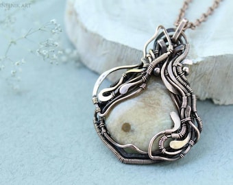 Jasper pendant Wire wrapped jewelry Wire wrap necklace Handmade necklace Big long chain Boho necklace Gift for her Copper jewelry Woman gift
