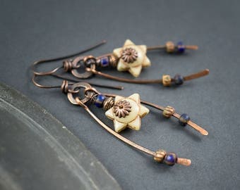 Tribal Star Earrings • Rustic Hand Forged Copper Earrings • Raw Metal Earrings • Artisan Ethnic Jewelry • Beige And Blue Boho Earrings
