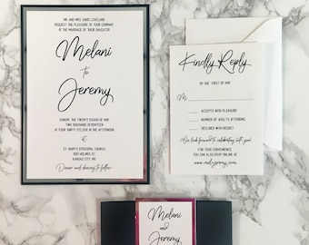 Silver and Black Mirror Wedding Invitation with Black Belly Band, Silver and Black Invitation, Silver Wedding Invitation