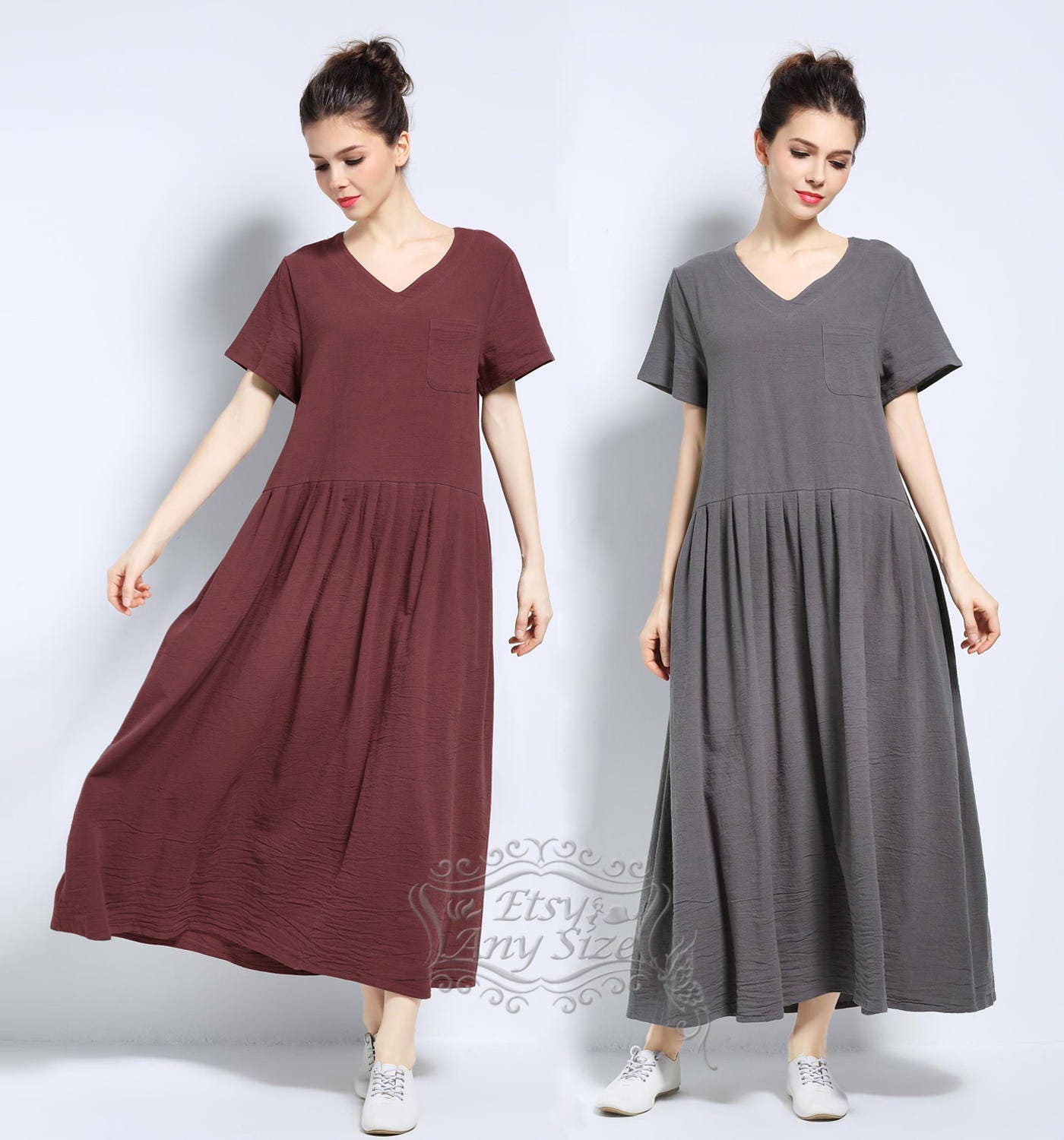 Anysize V-necked with sides pockets soft linen&cotton loose