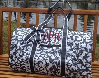 Monogrammed Duffle Bag Grey Damask Duffel Bag Quilted Overnight Bag Monogrammed Gifts Gifts for Girls Gifts for Teens Personalized Gifts