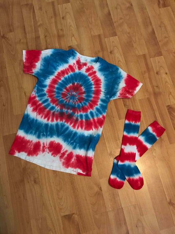 red white and blue tie dye outfit