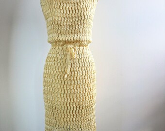 60's Vivid Yellow Handmade Crochet Knit Vest Dress by Handmade