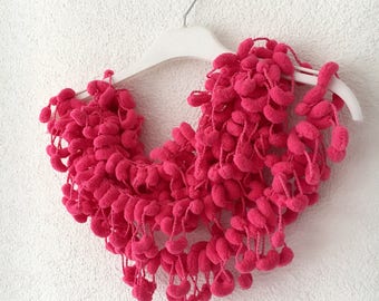 Pom pom Scarf, Mulberry scarf, cocoon scarf, Green Scarf, Pink Crochet Necklace, Puffy Bubble Scarf, gift for her, Fashion Accessories