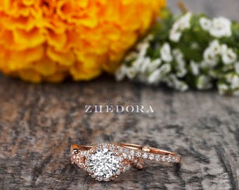 2.15 CT Round Cut Engagement Ring band set in Solid 14k or 18k Rose Gold Bridal, Wedding Set , Engagement Set
