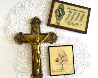 vintage brass crucifix cross religious pictures Holy Mary Jesus religion collectibles