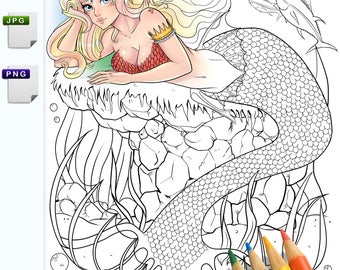 Adult Mermaid Underwater Fantasy Coloring Page Line Art