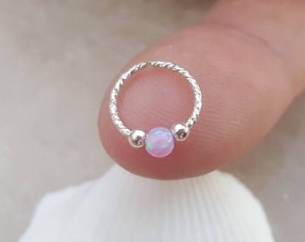 Silver Nose hoop / pink opal nose hoop / small nose hoop / nose hoop opal / 22gauge nose hoop / nose hoop / nose hoop jewelry / nose hoop