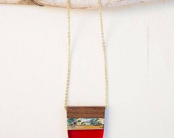 Wood resin necklace, red necklace, wood necklace, red long necklace, Shell necklace, wood resin jewelry, necklace for mum, wood jewelry