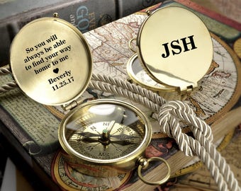 Engraved Compass, Brass Personalized Compas, Valentines Day Gift, Anniversary Gift, Fathers Day Gift, Vintage Style Compass, Groomsmen Gift