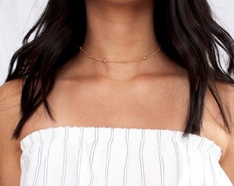 dainty gold beaded choker - raindrop choker, satellite chain, minimal, delicate, dainty