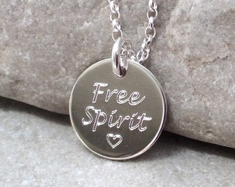 Silver disc necklace, bohemian jewellery, positive vibes, silver hippie jewellery, word necklace, boho necklace, free spirit