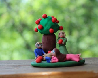 Picking Apples - Polymer Clay Figurine - Polymer Clay Decoration - Hand Sculpted Figurine - Handmade Figurine - Apple Tree Figurine