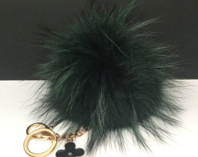 Very dark Green Raccoon Fur Pom Pom bag charm clover flower charm Keychain fur puff ball totem