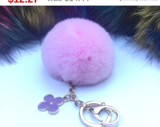 New! Summer Collection Pink Rex Rabbit fur pom pom keychain bag charm flower clover keyring