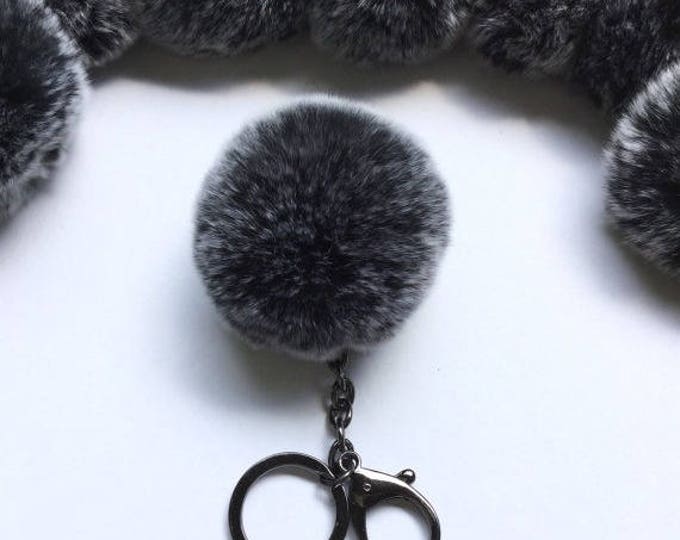 Gun Metal series Rabbit fur pom pom ball with elongated gunmetal keychain in Black frost