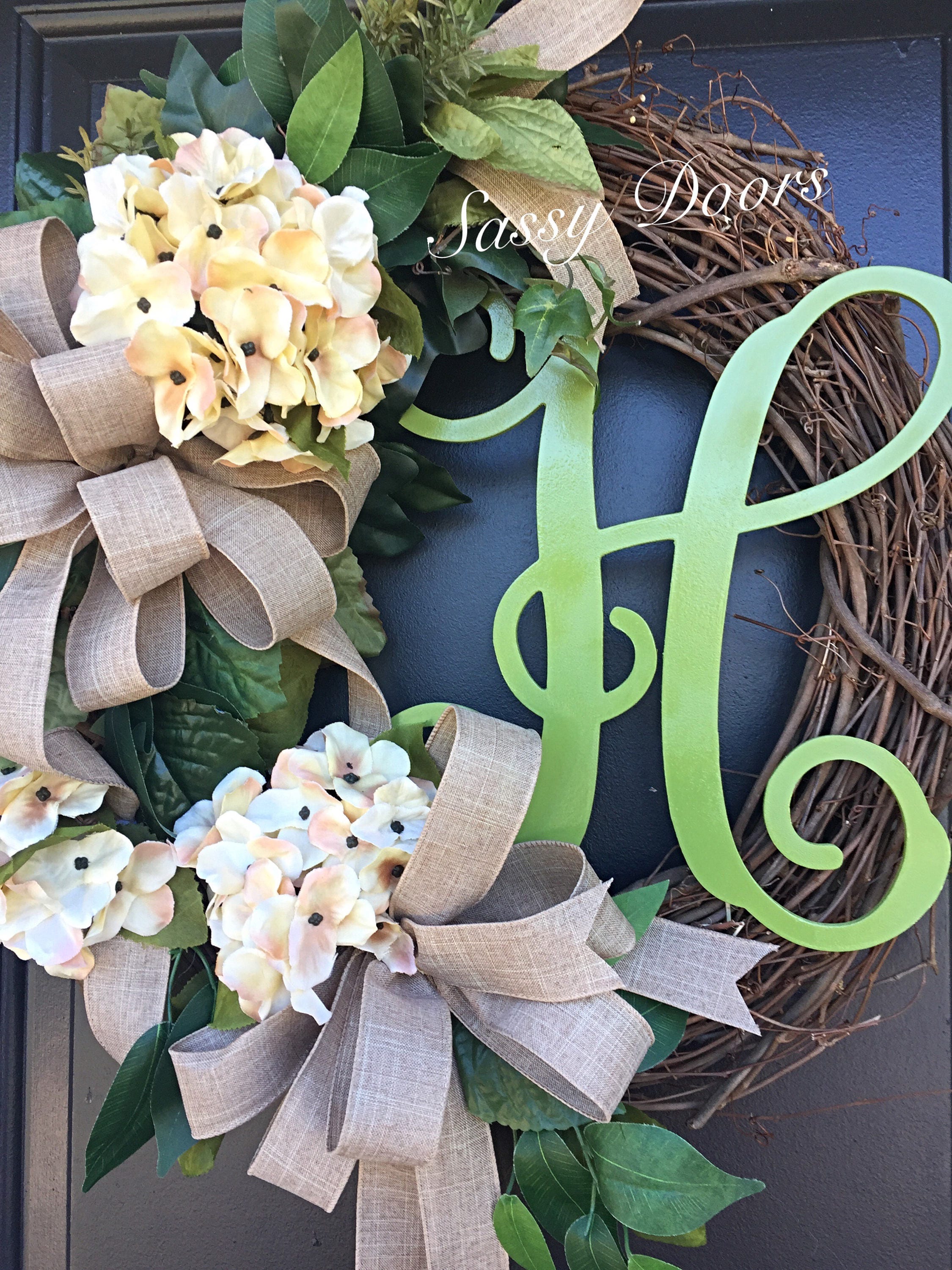 Monogram Wreath- Grapevine Wreath- Hydrangea Wreath- Front Door Wreath ...